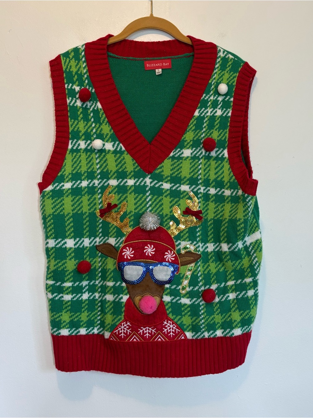 Reindeer Christmas Plaid Sweater Vest Large Funny Ugly Christmas Sweater
